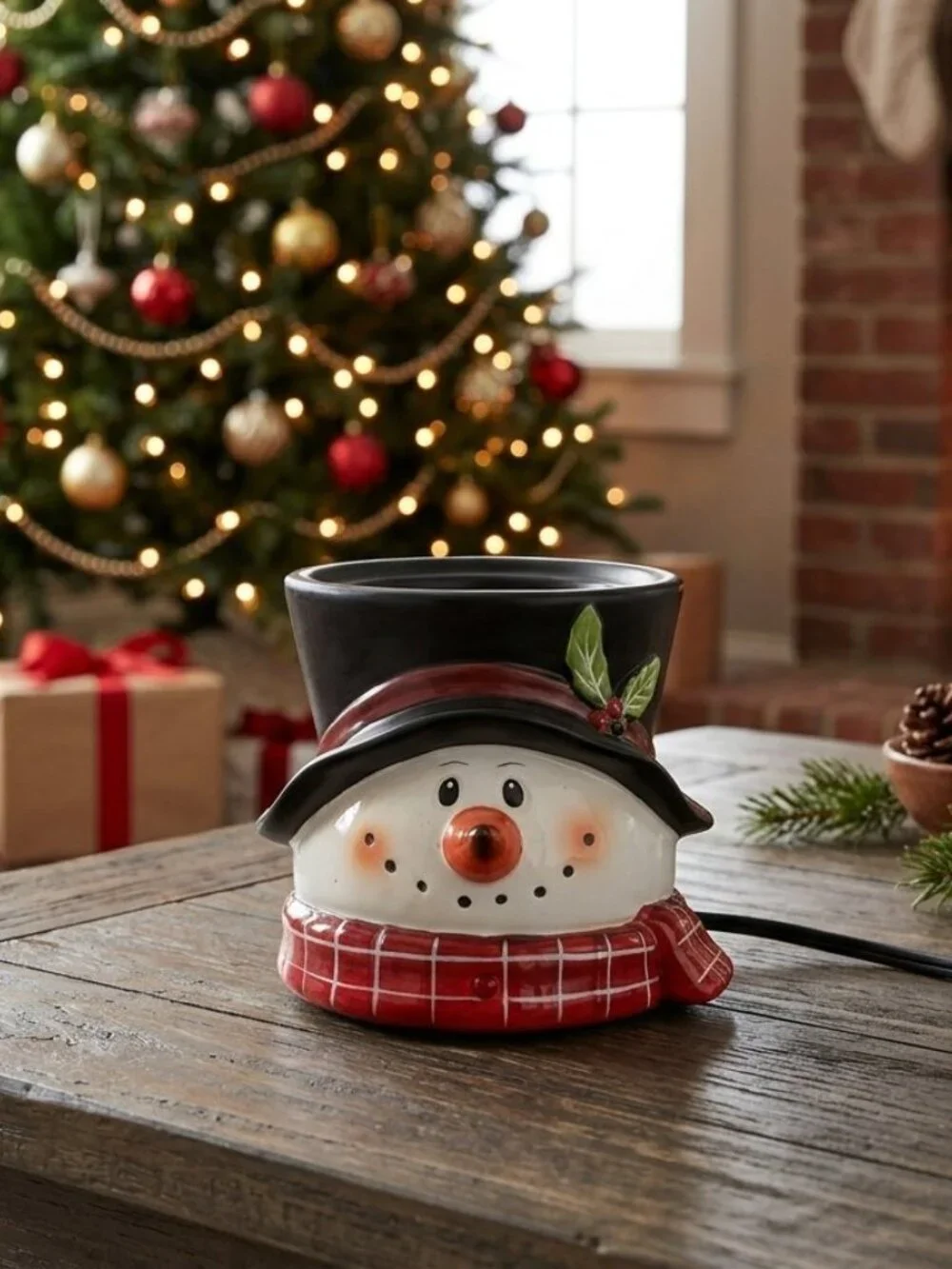 Snowman Electric Jar Candle Warmer Ceramic Christmas Top Hat Holly 4” Opening